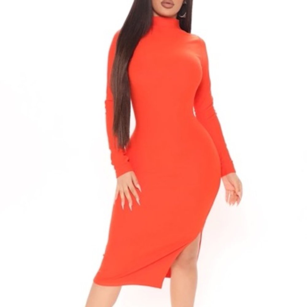 Mock Neck Long sleeve Red Midi Dress with slit - Large